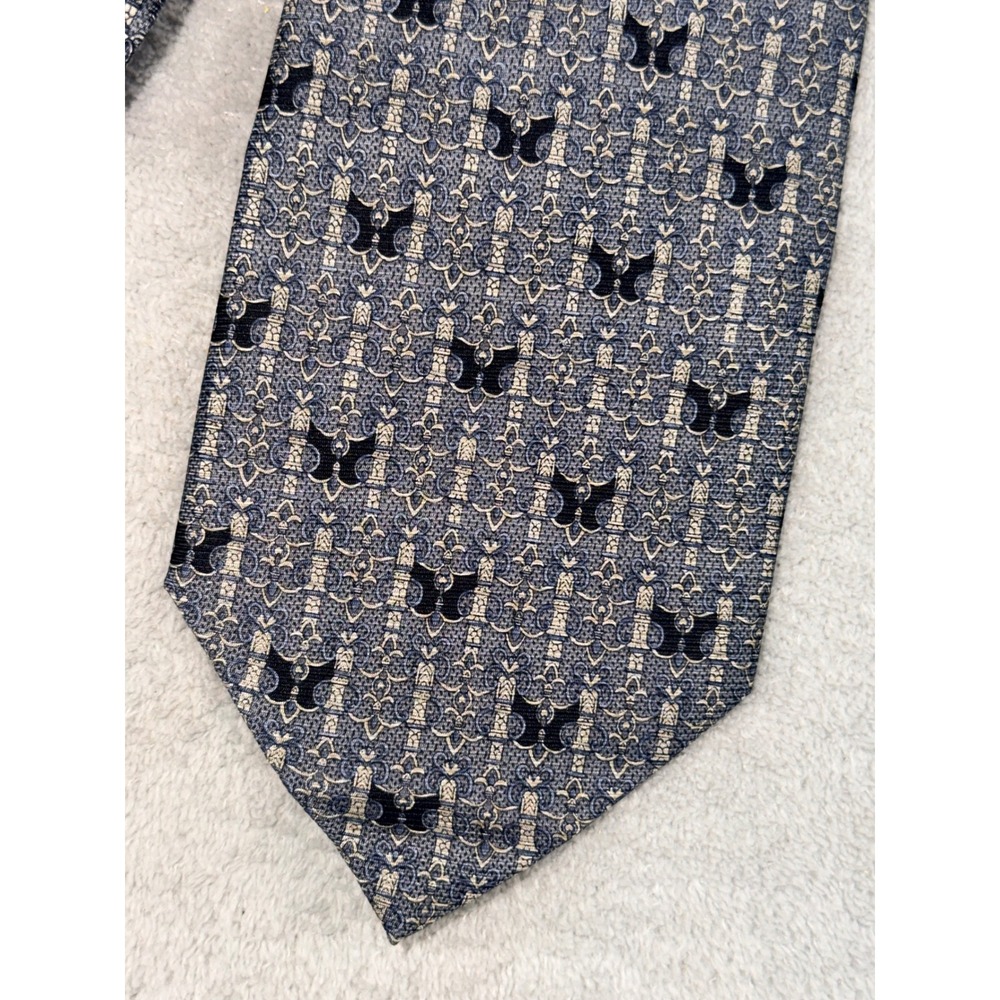 Tesoro Rosso Mens Silk Tie Grey Navy Blue Geometric Butterfly Hand Made Korea